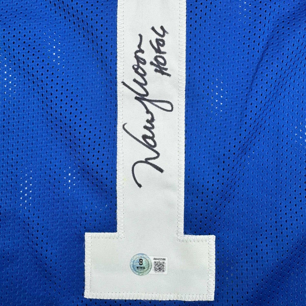 Autographed/Signed Warren Moon HOF 06 Seattle Blue Retro Football Jersey Beckett BAS COA
