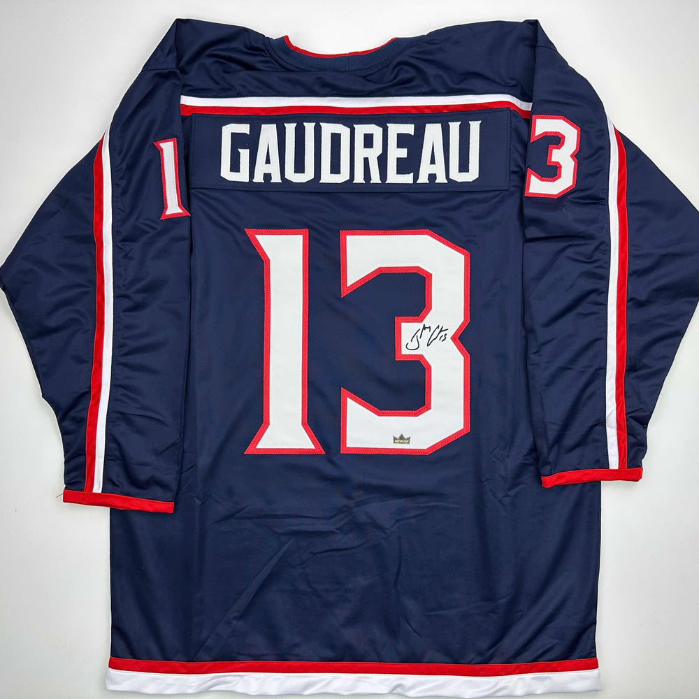 Facsimile Autographed Johnny Gaudreau Columbus Blue Reprint Laser Auto Hockey Jersey Size Men's XL (ONLINE ORDER ONLY)