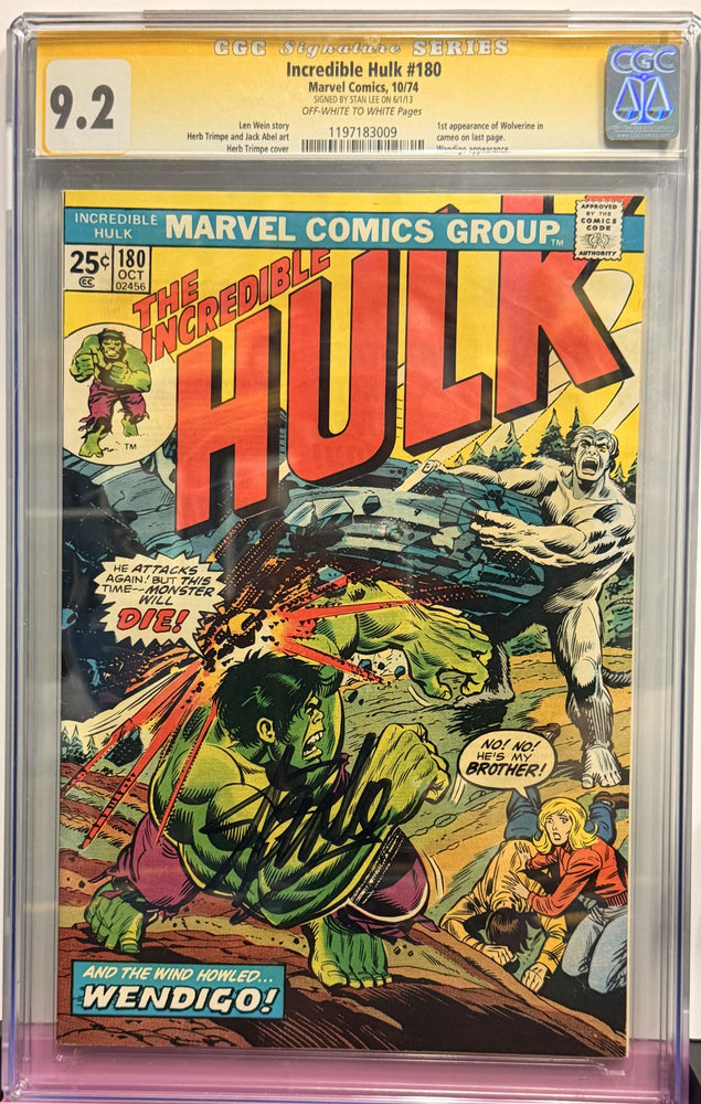 9.2 Signed Incredible Hulk #180 10/74 Stan Lee Signature