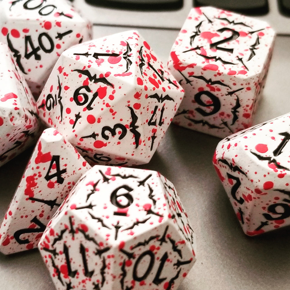 Battle Hardened Dice: White metal dice w/Black numbering and Red Splatter 7- Dice Set Rpg (Online Only)