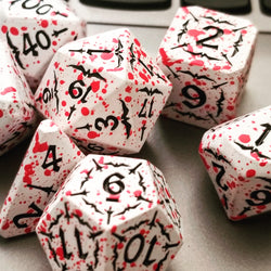 Battle Hardened Dice: White metal dice w/Black numbering and Red Splatter 7- Dice Set Rpg (Online Only)