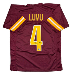 Autographed/Signed Frankie Luvu Washington Burgundy Football Jersey Beckett BAS COA (ONLINE ORDER ONLY)