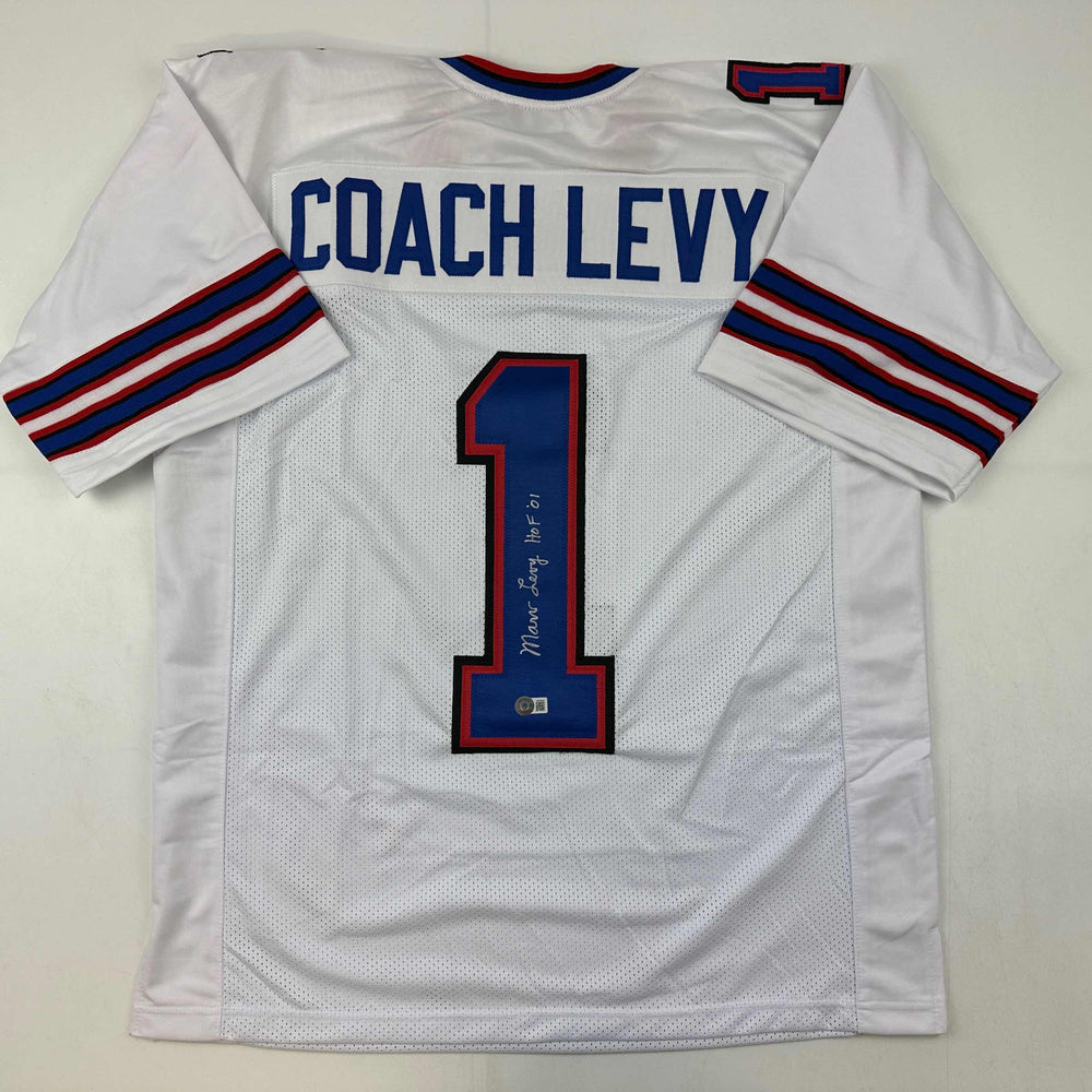 Autographed/Signed Coach Marv Levy HOF 01 Buffalo White Football Jersey Beckett BAS COA (ONLINE ORDER ONLY)