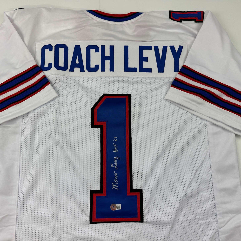 Autographed/Signed Coach Marv Levy HOF 01 Buffalo White Football Jersey Beckett BAS COA (ONLINE ORDER ONLY)