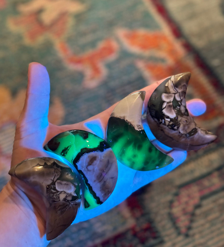 Volcano Agate Crescent Moon, UV Green Fluorescent Minerals (ONLINE ORDER ONLY)