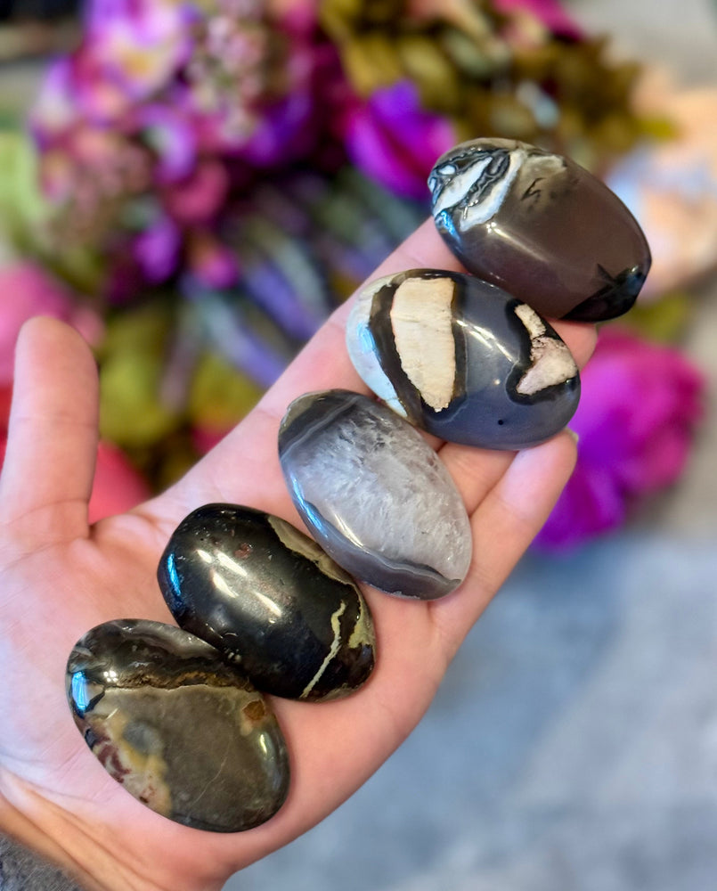 Volcano Agate Palmstones, Green Fluorescent Minerals, UV Crystals (ONLINE ORDER ONLY)