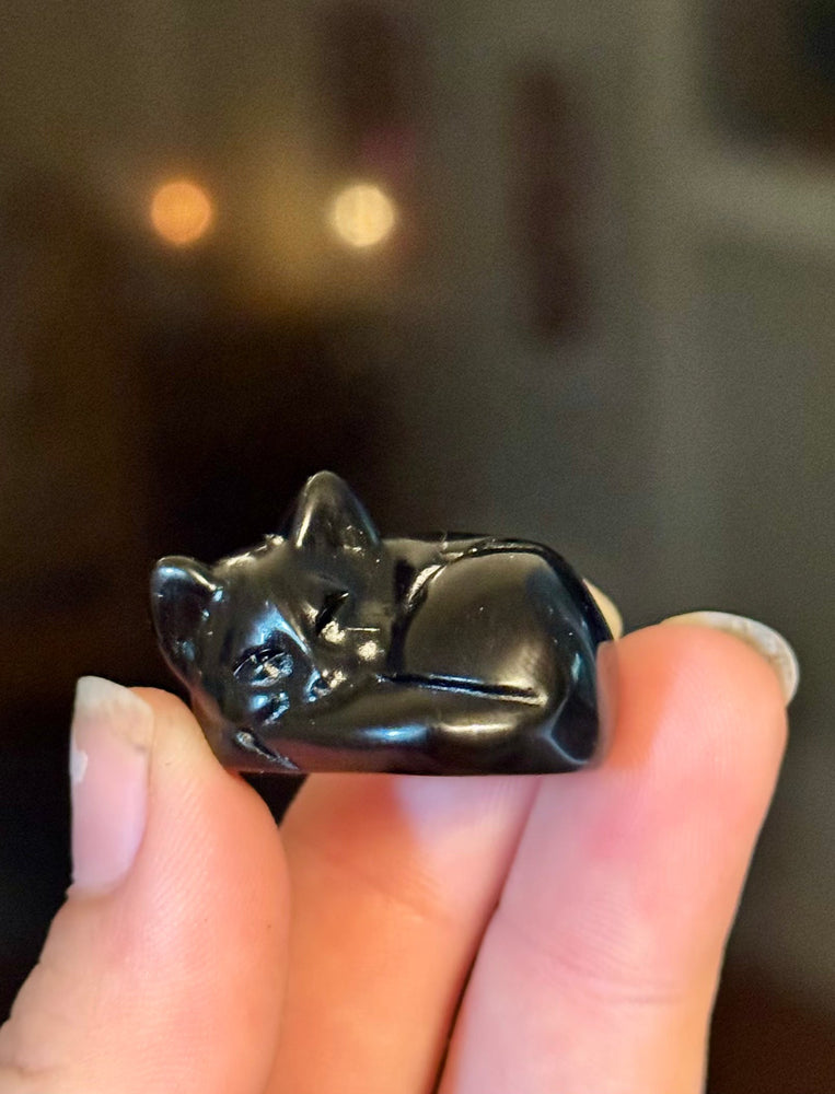 3 cm Sleepy Black Obsidian Cat Sculpture, Mini Black Cat, Black Crystal Cat, Cat Lover Gift (ONLINE ORDER ONLY)