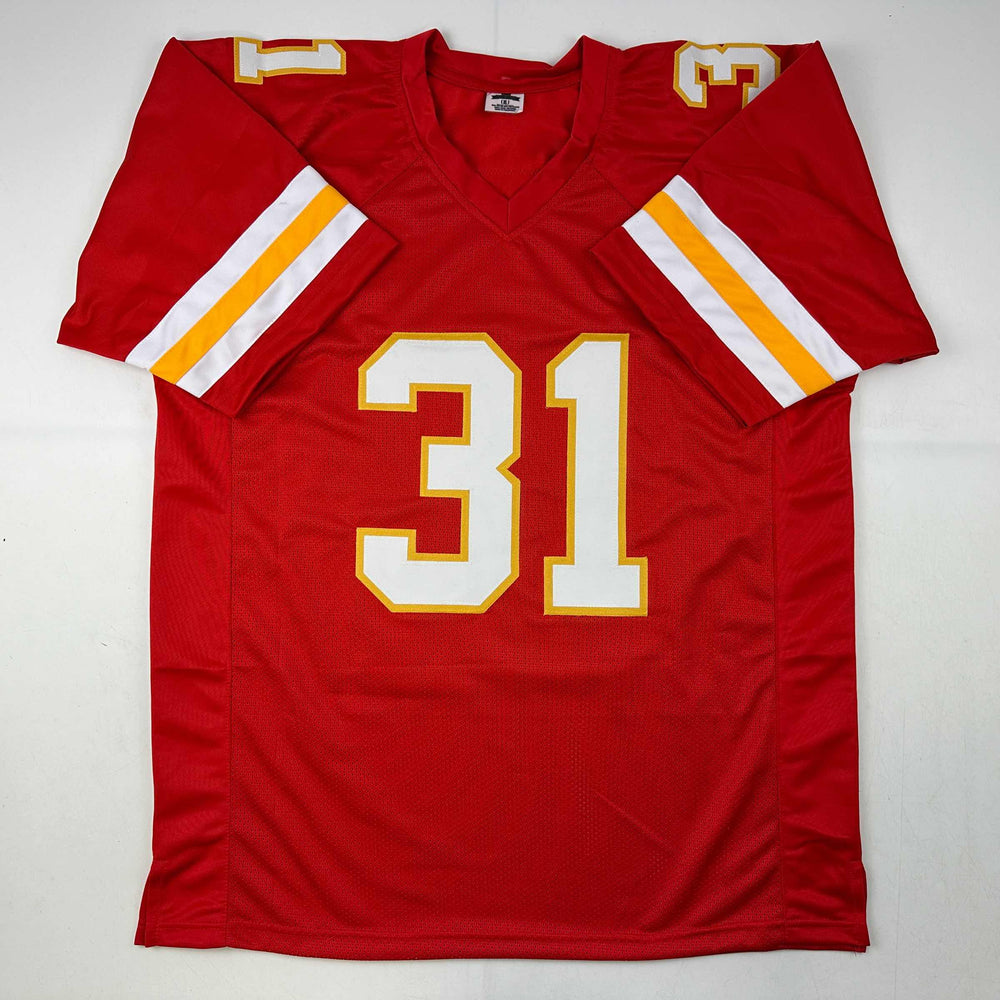 Facsimile Autographed Priest Holmes Kansas City Red Reprint Laser Auto Football Jersey Size Men's XL (ONLINE ORDER ONLY)