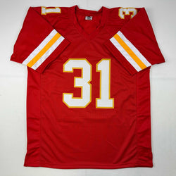 Facsimile Autographed Priest Holmes Kansas City Red Reprint Laser Auto Football Jersey Size Men's XL (ONLINE ORDER ONLY)