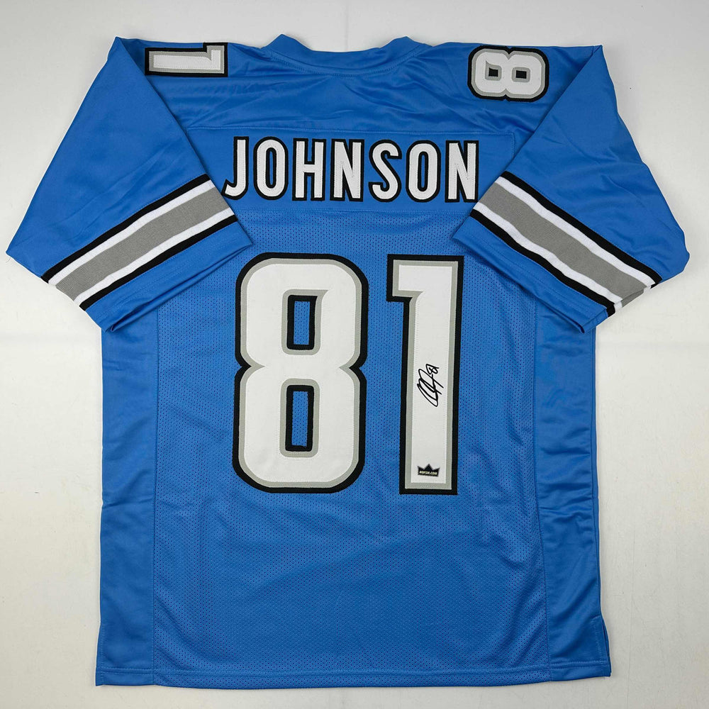 Facsimile Autographed Calvin Johnson Detroit Blue Reprint Laser Auto Football Jersey Size Men's XL (ONLINE ORDER ONLY)