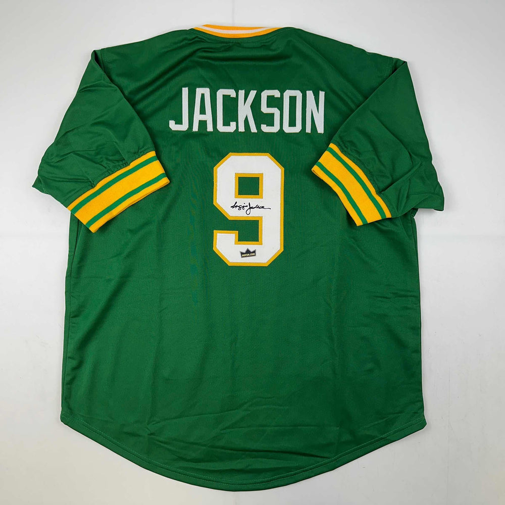Facsimile Autographed Reggie Jackson Oakland Green Reprint Laser Auto Baseball Jersey Size Men's XL (ONLINE ORDER ONLY)