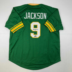 Facsimile Autographed Reggie Jackson Oakland Green Reprint Laser Auto Baseball Jersey Size Men's XL (ONLINE ORDER ONLY)