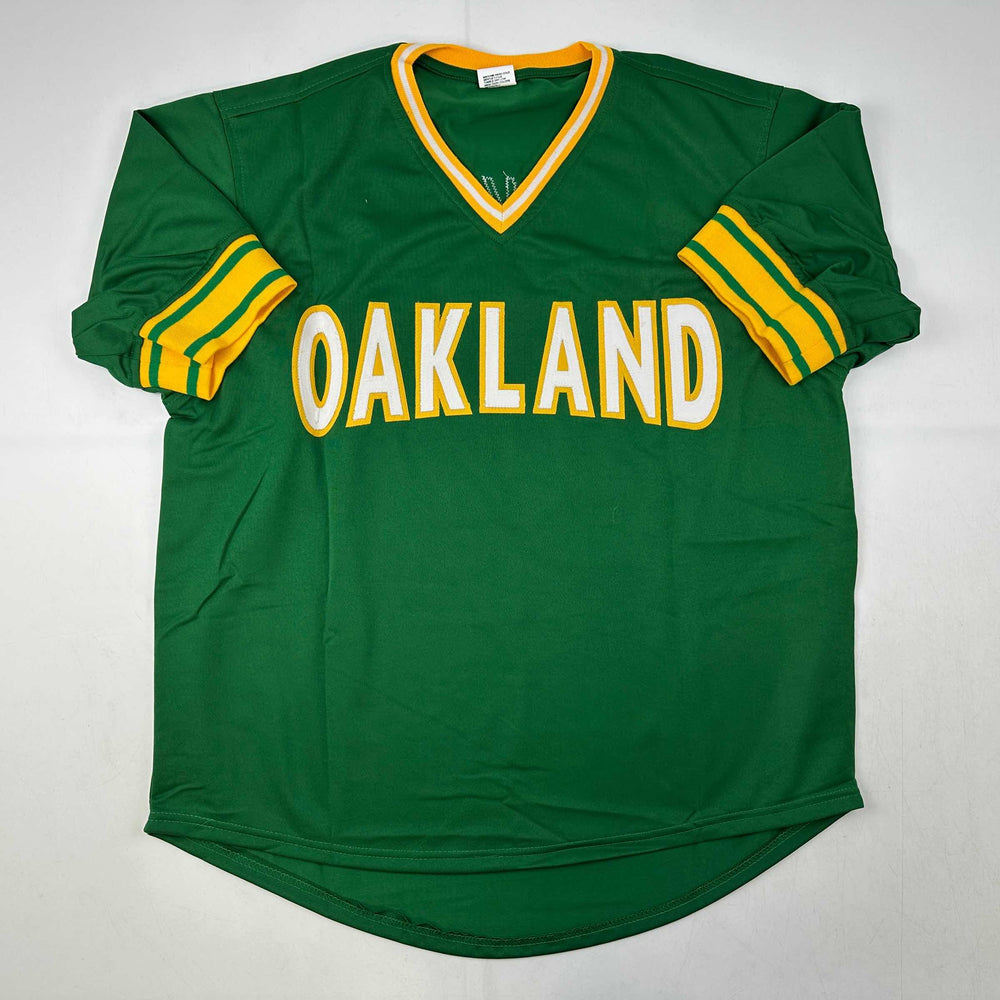 Facsimile Autographed Reggie Jackson Oakland Green Reprint Laser Auto Baseball Jersey Size Men's XL (ONLINE ORDER ONLY)