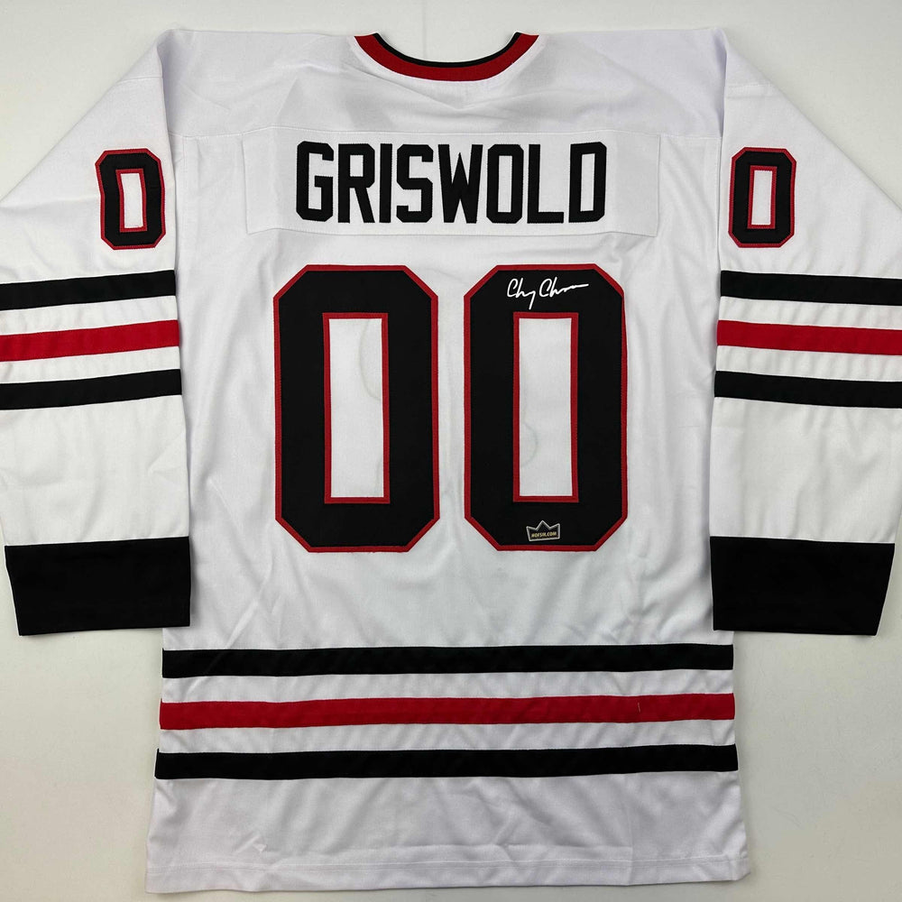 Facsimile Autographed Chevy Chase Clark Griswold Christmas Vacation Movie Chicago White Reprint Laser Auto Hockey Jersey Size Men's XL (ONLINE ORDER ONLY)