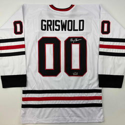 Facsimile Autographed Chevy Chase Clark Griswold Christmas Vacation Movie Chicago White Reprint Laser Auto Hockey Jersey Size Men's XL (ONLINE ORDER ONLY)