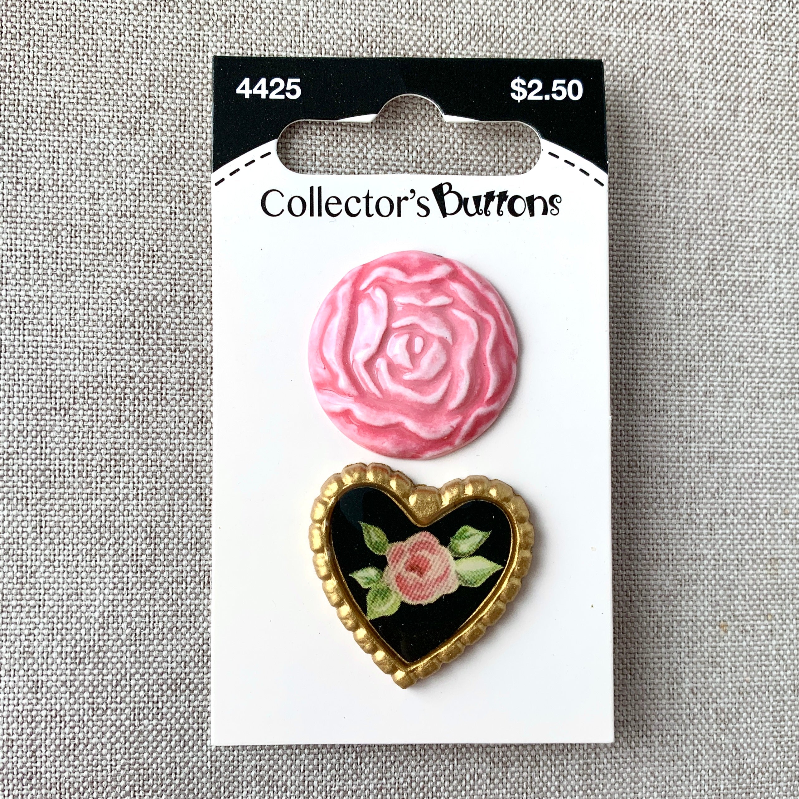 4425 Rose and Heart - Collectors Buttons - 1 Hole Shank Buttons - 25mm - Pink Gold Black (ONLINE ORDER ONLY)