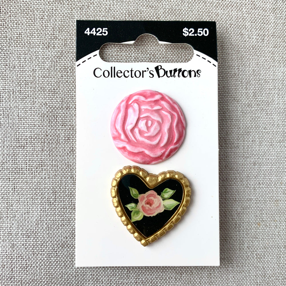 4425 Rose and Heart - Collectors Buttons - 1 Hole Shank Buttons - 25mm - Pink Gold Black (ONLINE ORDER ONLY)