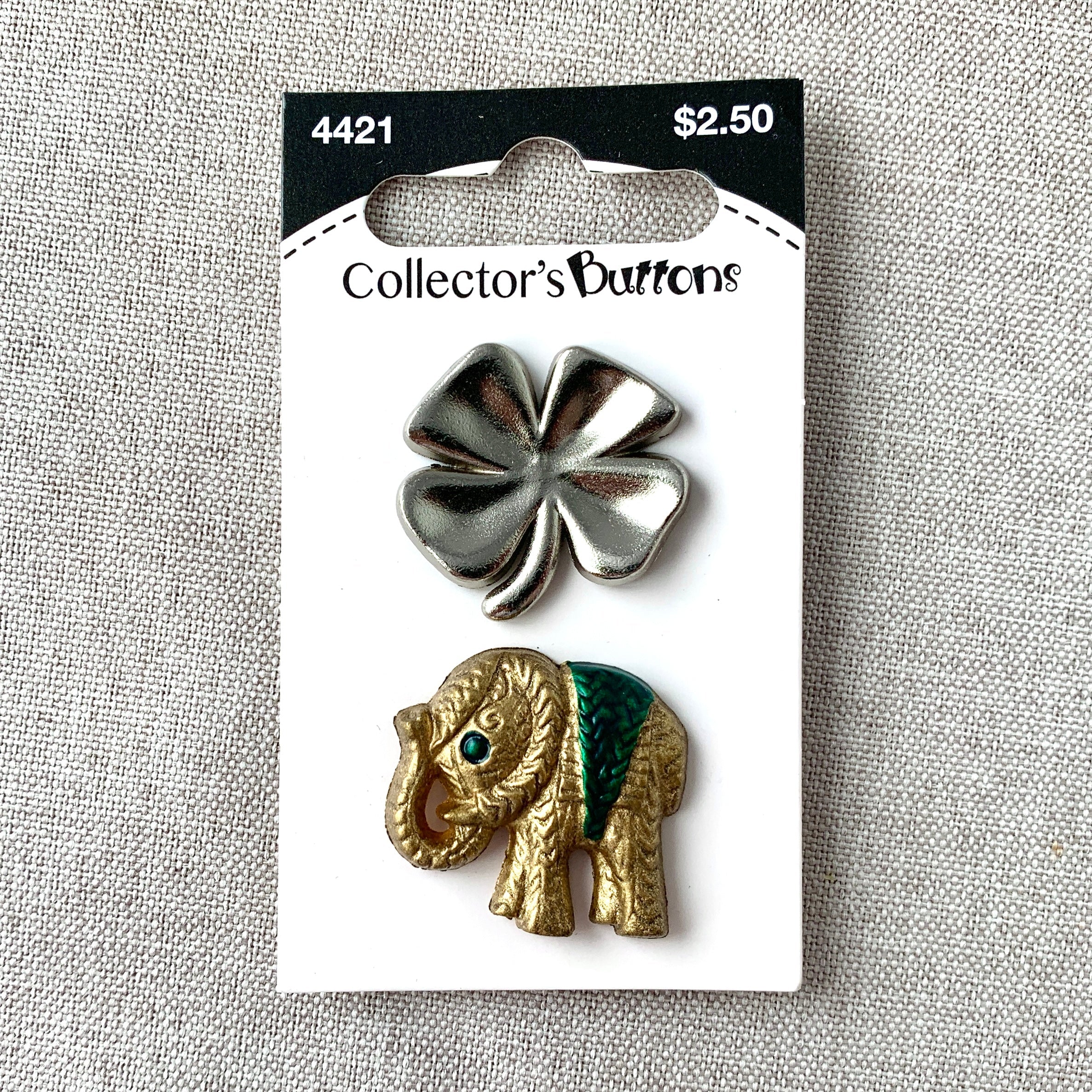 4421 Elephant and Clover - Collectors Buttons - 1 Hole Shank Buttons - Assorted Sizes - Silver Gold Green (ONLINE ORDER ONLY)