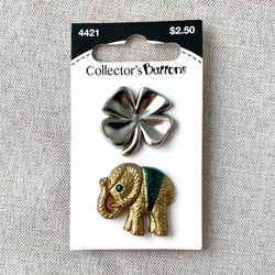 4421 Elephant and Clover - Collectors Buttons - 1 Hole Shank Buttons - Assorted Sizes - Silver Gold Green (ONLINE ORDER ONLY)
