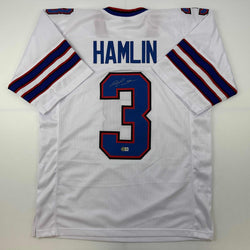 Autographed/Signed Damar Hamlin Buffalo White Football Jersey Beckett BAS COA (ONLINE ORDER ONLY)
