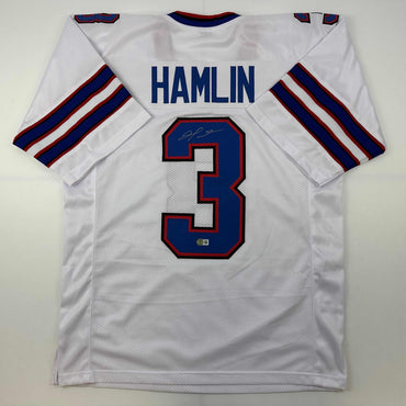 Autographed/Signed Damar Hamlin Buffalo White Football Jersey Beckett BAS COA (ONLINE ORDER ONLY)