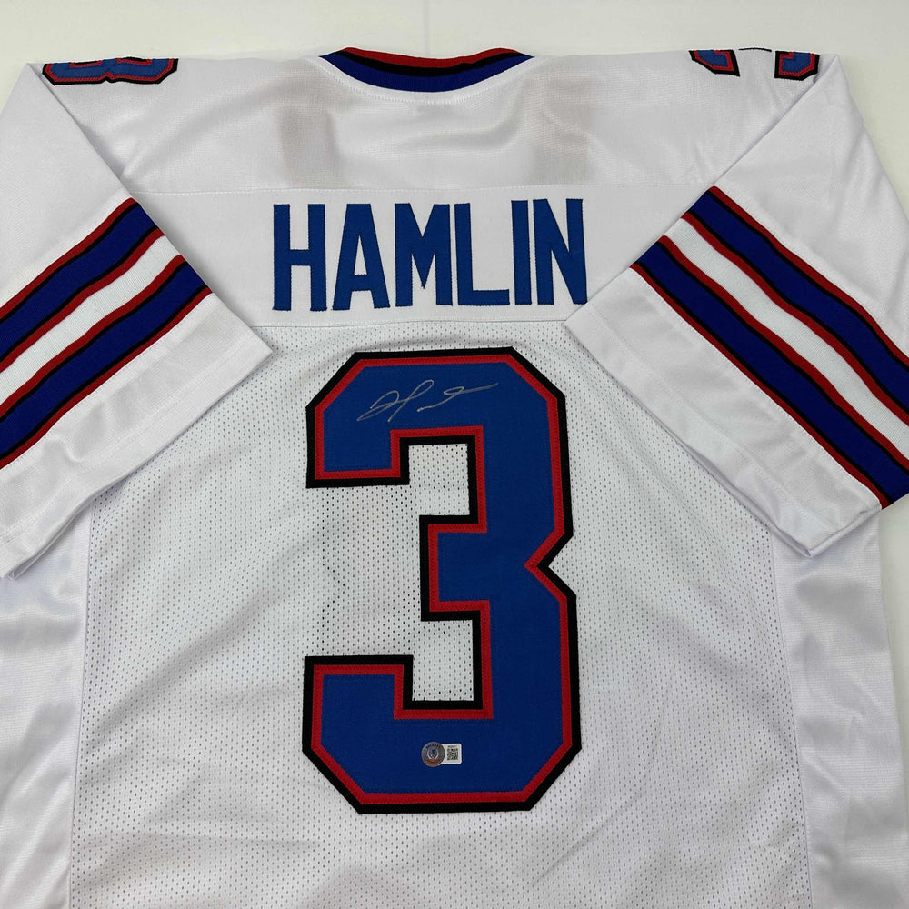 Autographed/Signed Damar Hamlin Buffalo White Football Jersey Beckett BAS COA (ONLINE ORDER ONLY)