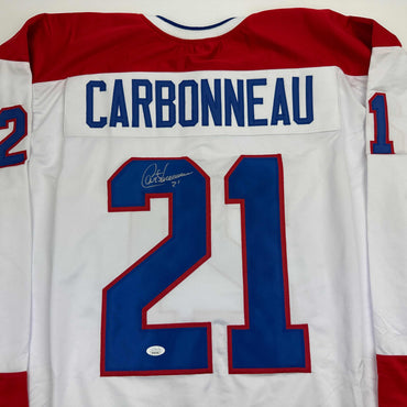 Autographed/Signed Guy Carbonneau Montreal White Hockey Jersey JSA COA (ONLINE ORDER ONLY)