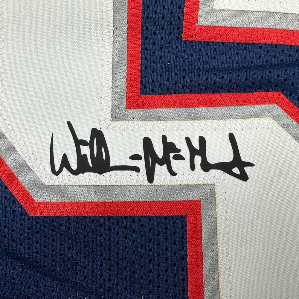 Framed Facsimile Autographed Willie McGinest 35x39 New England Blue Reprint Laser Auto Football Jersey (ONLINE ORDER ONLY)