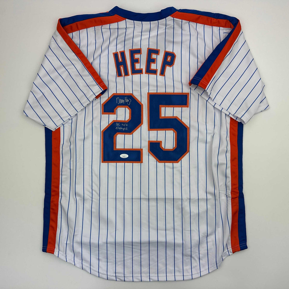 Autographed/Signed Danny Heep 86 WS Champs New York Pinstripe Baseball Jersey JSA COA (ONLINE ORDER ONLY)
