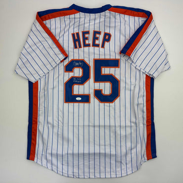 Autographed/Signed Danny Heep 86 WS Champs New York Pinstripe Baseball Jersey JSA COA (ONLINE ORDER ONLY)