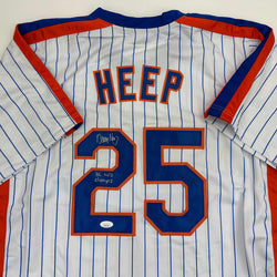 Autographed/Signed Danny Heep 86 WS Champs New York Pinstripe Baseball Jersey JSA COA (ONLINE ORDER ONLY)