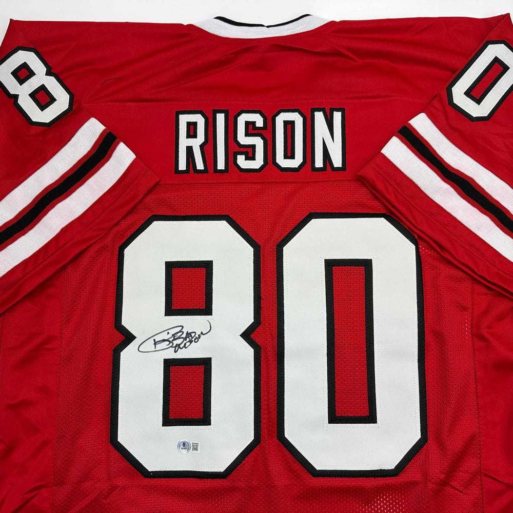 Autographed/Signed Andre Rison Atlanta Red Football Jersey Beckett BAS COA (ONLINE ORDER ONLY)
