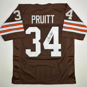 Autographed/Signed Greg Pruitt Cleveland Brown Football Jersey JSA COA (ONLINE ORDER ONLY)