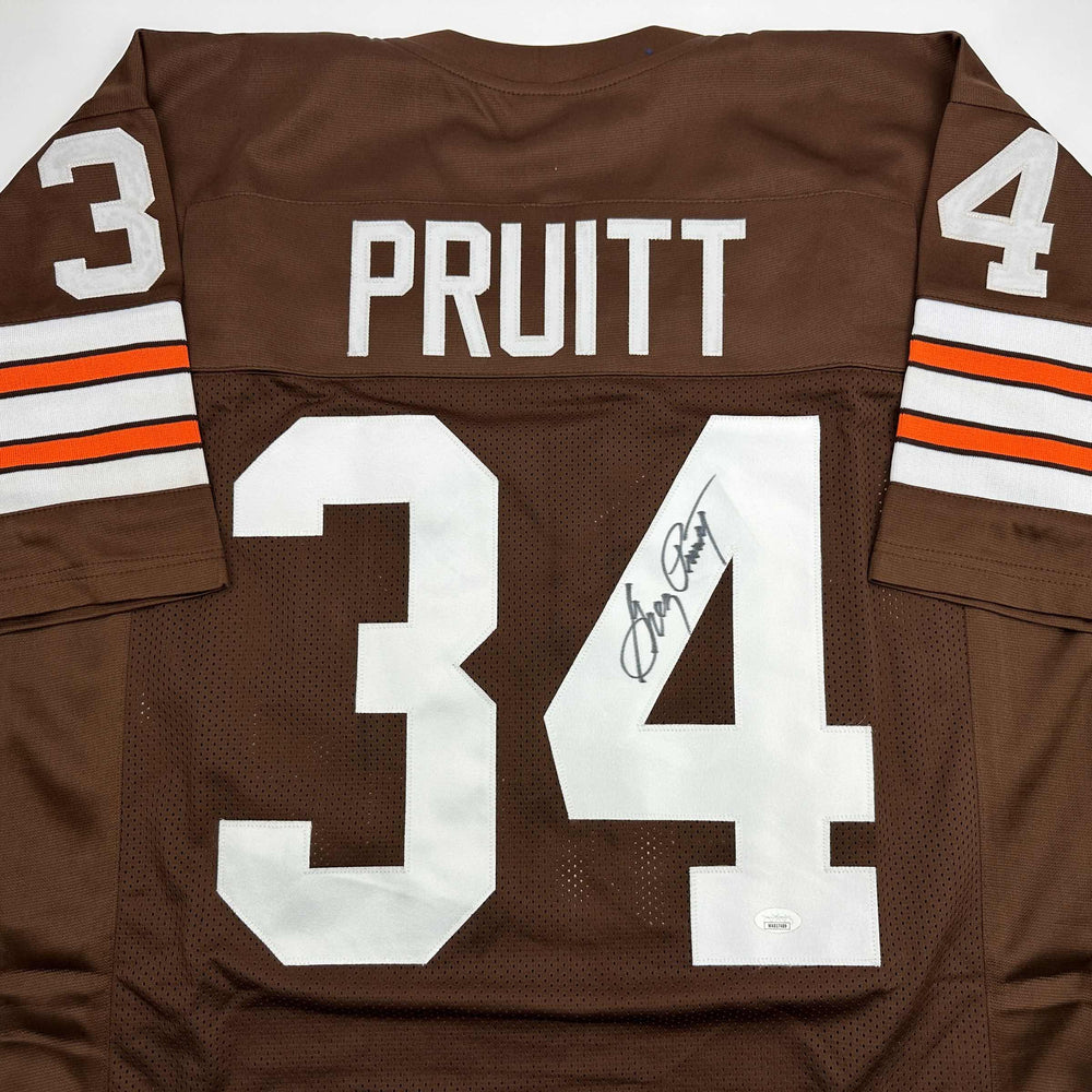 Autographed/Signed Greg Pruitt Cleveland Brown Football Jersey JSA COA (ONLINE ORDER ONLY)