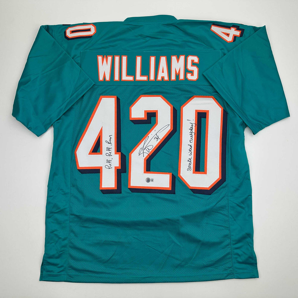 Autographed/Signed Ricky Williams Smoke Weed Everyday Puff Puff Run #420 Inscribed Miami Teal Football Jersey Beckett BAS COA (ONLINE ORDER ONLY)