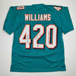 Autographed/Signed Ricky Williams Smoke Weed Everyday Puff Puff Run #420 Inscribed Miami Teal Football Jersey Beckett BAS COA (ONLINE ORDER ONLY)