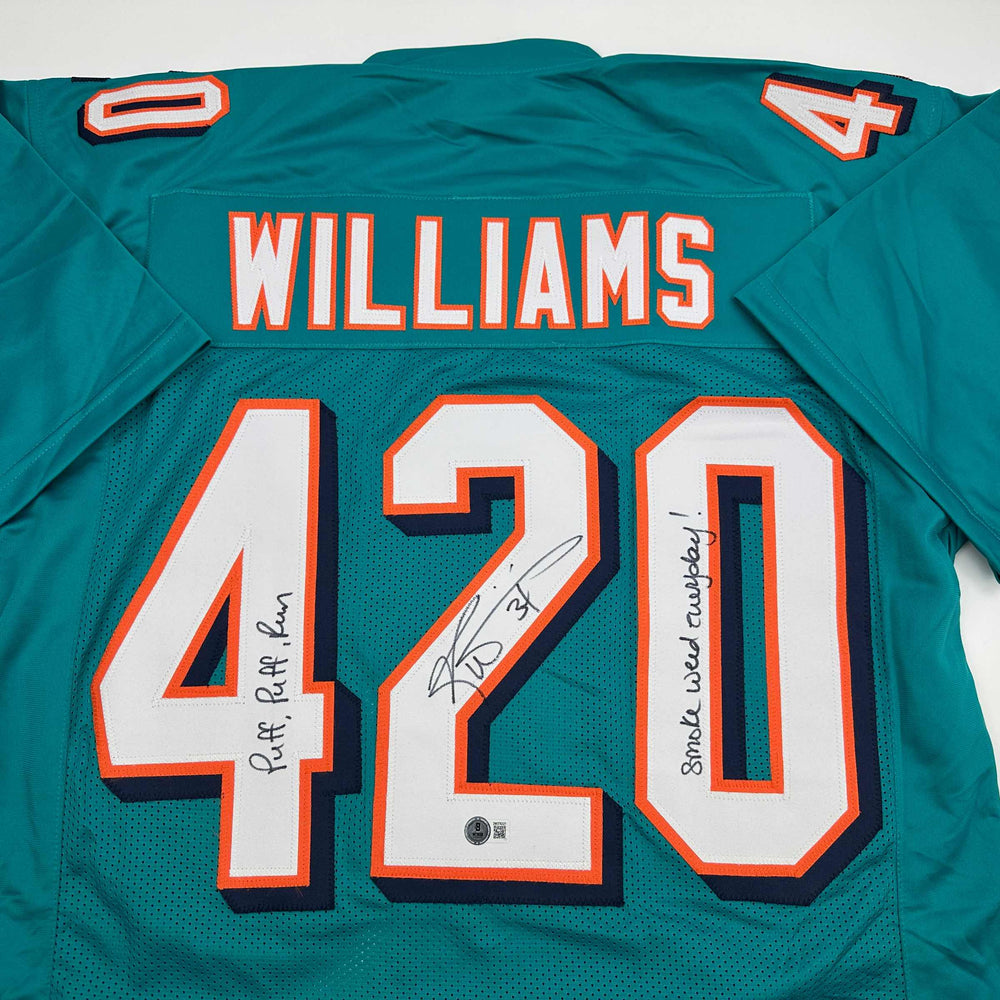 Autographed/Signed Ricky Williams Smoke Weed Everyday Puff Puff Run #420 Inscribed Miami Teal Football Jersey Beckett BAS COA (ONLINE ORDER ONLY)