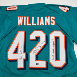 Autographed/Signed Ricky Williams Smoke Weed Everyday Puff Puff Run #420 Inscribed Miami Teal Football Jersey Beckett BAS COA (ONLINE ORDER ONLY)