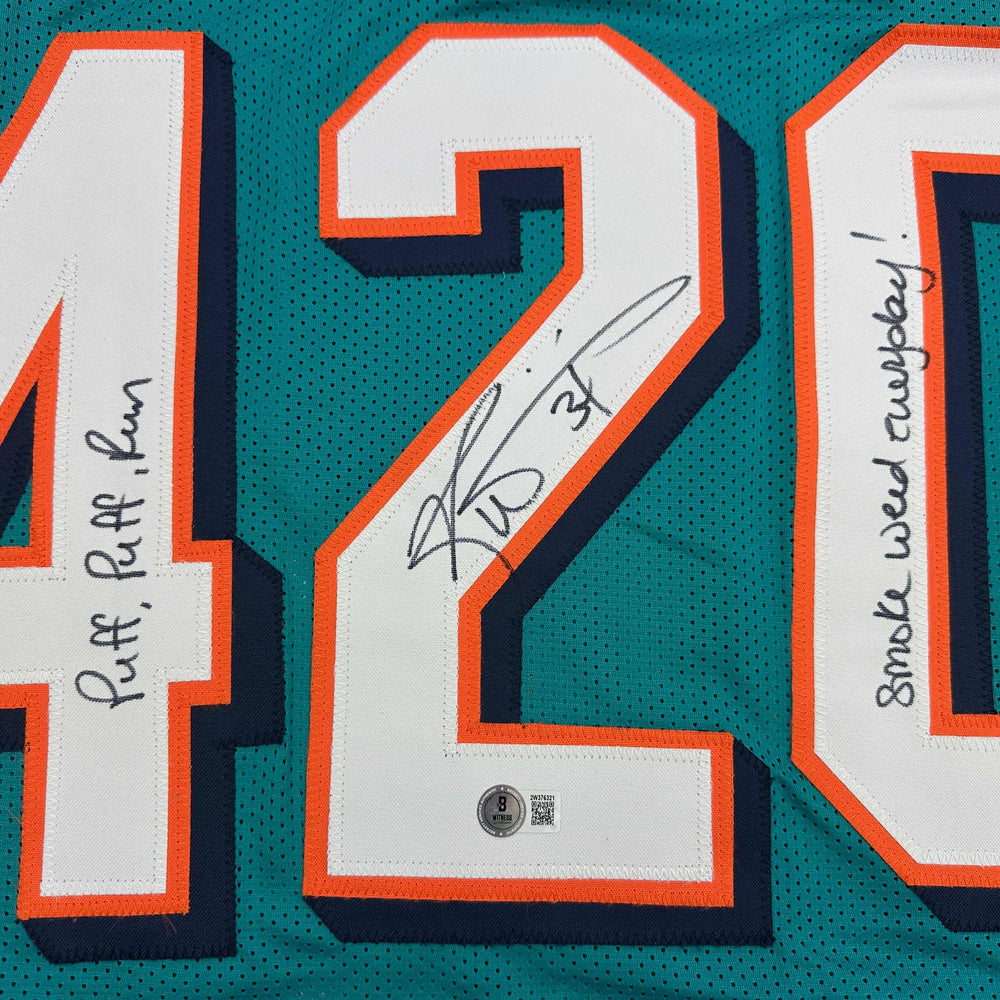 Autographed/Signed Ricky Williams Smoke Weed Everyday Puff Puff Run #420 Inscribed Miami Teal Football Jersey Beckett BAS COA (ONLINE ORDER ONLY)