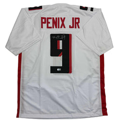Autographed/Signed Michael Penix Jr. Atlanta White Football Jersey Beckett BAS COA (ONLINE ORDER ONLY)