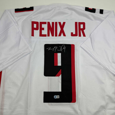 Autographed/Signed Michael Penix Jr. Atlanta White Football Jersey Beckett BAS COA (ONLINE ORDER ONLY)