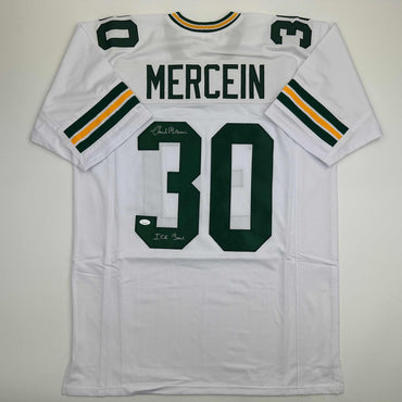 Autographed/Signed Chuck Mercein Ice Bowl Green Bay White Football Jersey JSA COA (ONLINE ORDER ONLY)