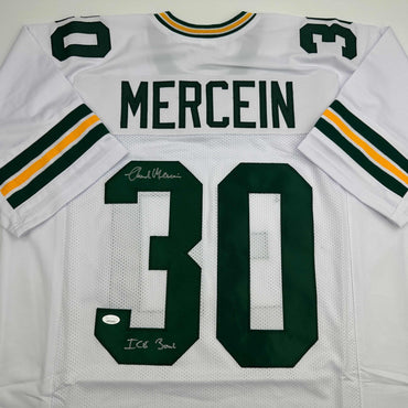 Autographed/Signed Chuck Mercein Ice Bowl Green Bay White Football Jersey JSA COA (ONLINE ORDER ONLY)