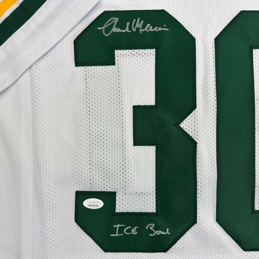 Autographed/Signed Chuck Mercein Ice Bowl Green Bay White Football Jersey JSA COA (ONLINE ORDER ONLY)