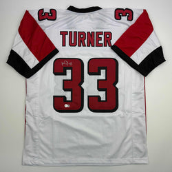 Autographed/Signed Michael Turner Atlanta White Football Jersey Beckett BAS COA (ONLINE ORDER ONLY)
