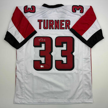 Autographed/Signed Michael Turner Atlanta White Football Jersey Beckett BAS COA (ONLINE ORDER ONLY)
