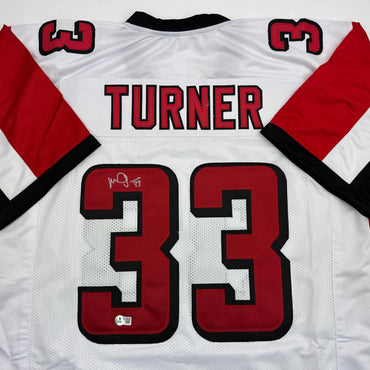 Autographed/Signed Michael Turner Atlanta White Football Jersey Beckett BAS COA (ONLINE ORDER ONLY)