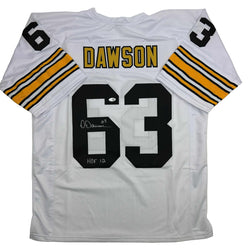 Autographed/Signed Dermontti Dawson HOF 12 Pittsburgh White Football Jersey JSA COA (ONLINE ORDER ONLY)