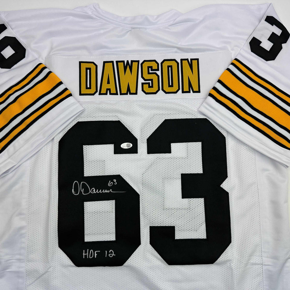 Autographed/Signed Dermontti Dawson HOF 12 Pittsburgh White Football Jersey JSA COA (ONLINE ORDER ONLY)