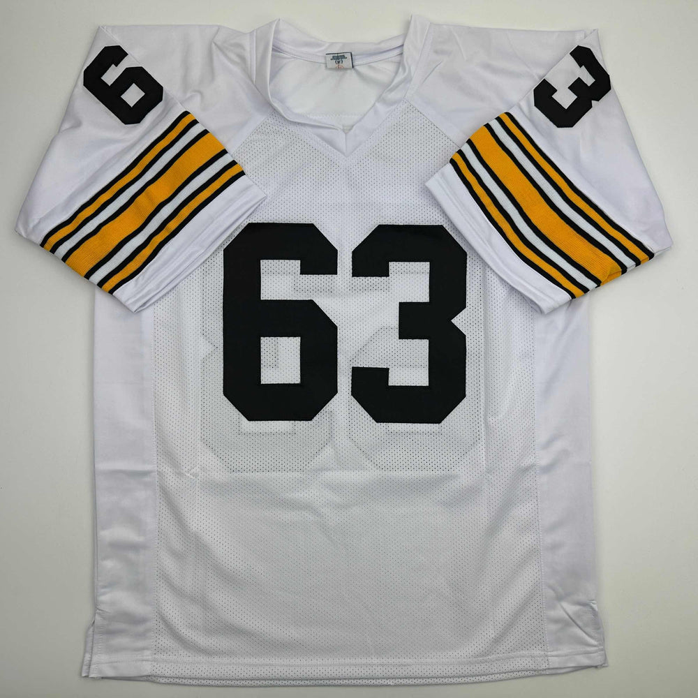 Autographed/Signed Dermontti Dawson HOF 12 Pittsburgh White Football Jersey JSA COA (ONLINE ORDER ONLY)